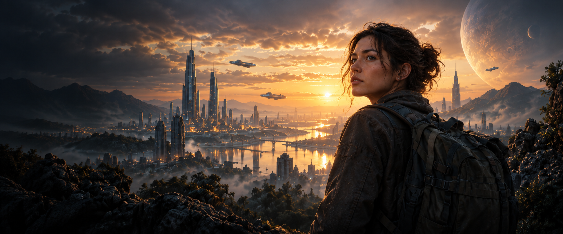 An explorer overlooking a futuristic city at sunset